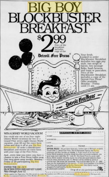 Big Boy Restaurants - MAY 1992 FULL PAGE AD FOR BREAKFAST